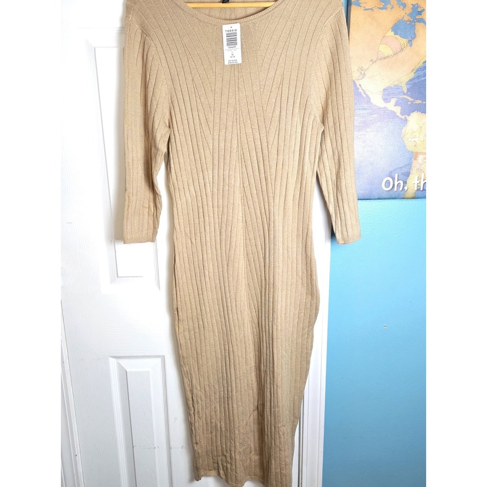 Torrid Knit‎ Sweater Dress Women Size 1X Beige 3/4 Sleeve Boho Stretch Long NEW - Picture 4 of 13